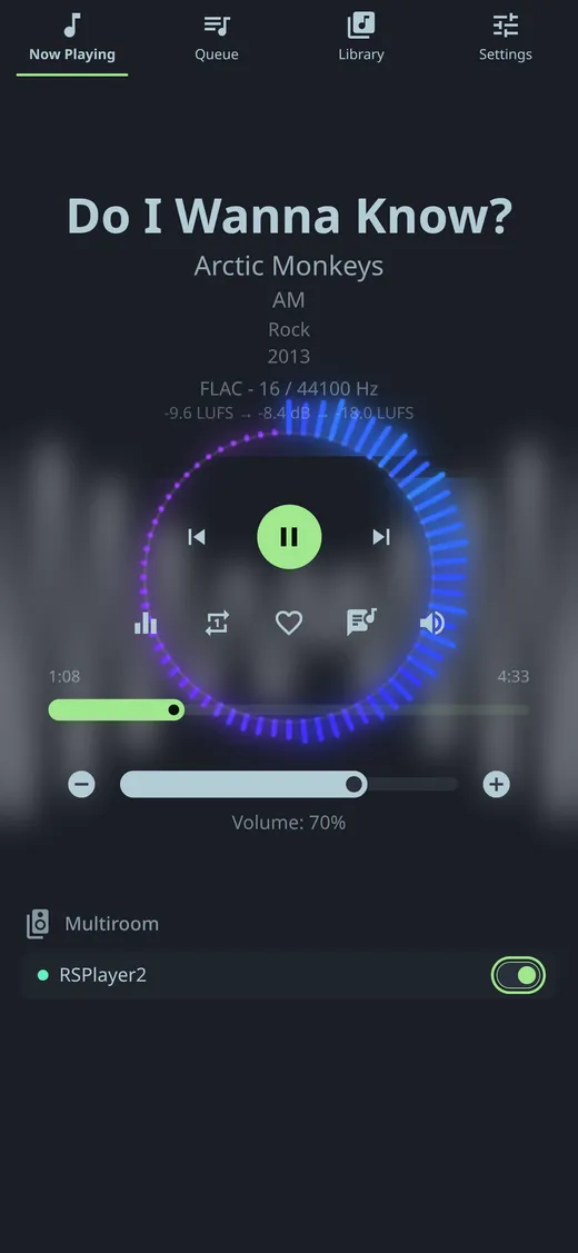 Now Playing screen with multiroom follower RSPlayer2 enabled